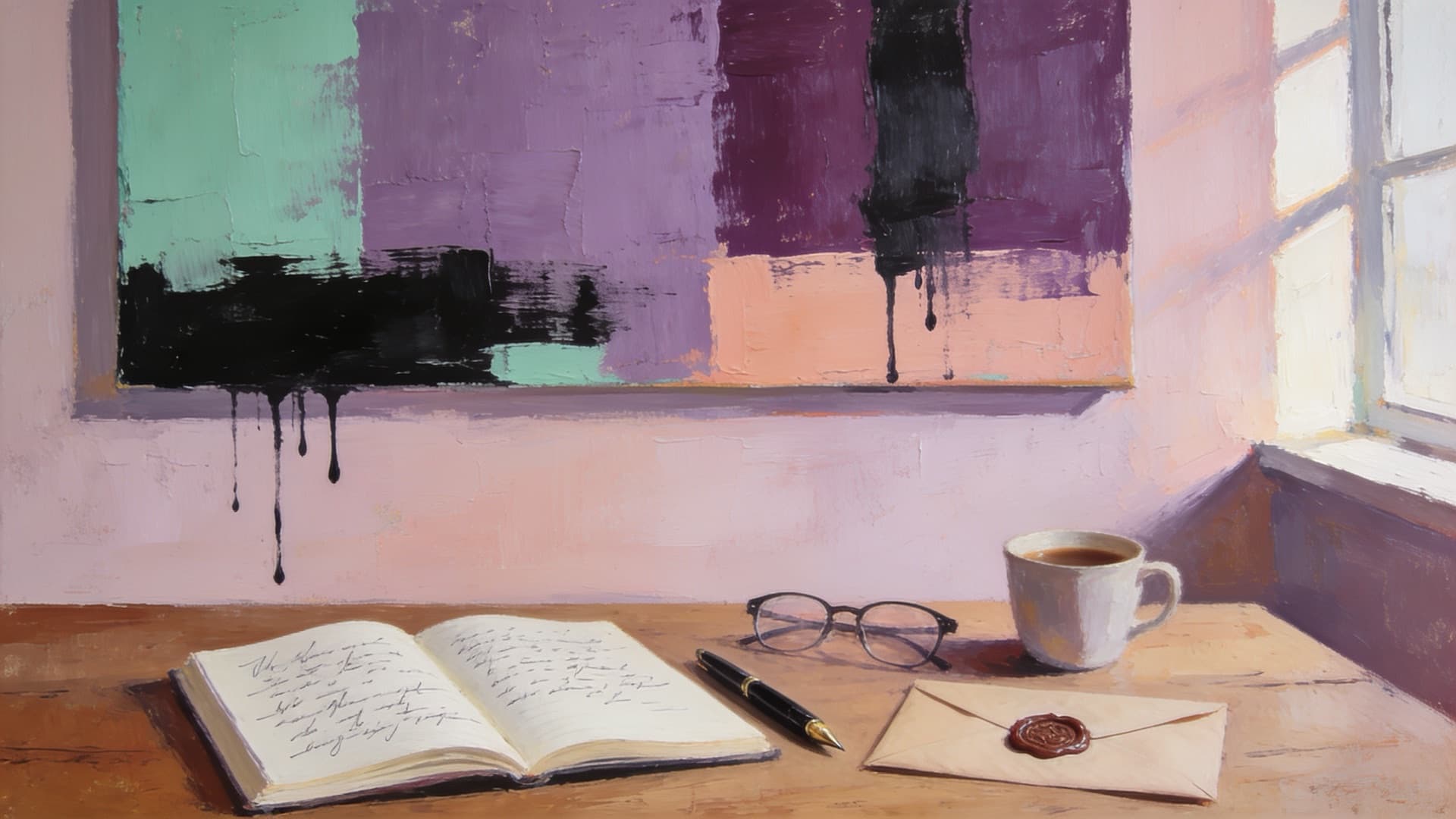 Painting of a desk with a notebook, pen, glasses, coffee and a sealed envelope