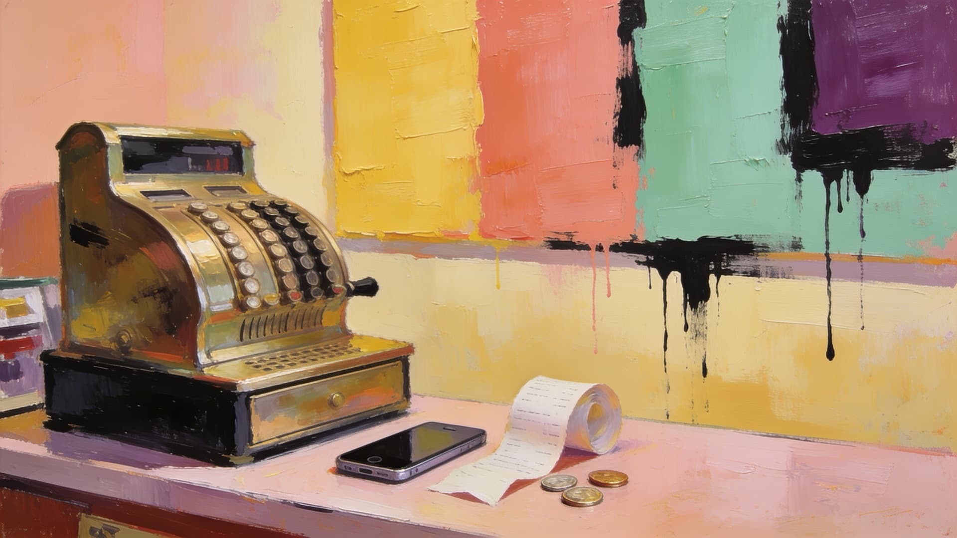Painting of an old cash register with a receipt and coins on the counter