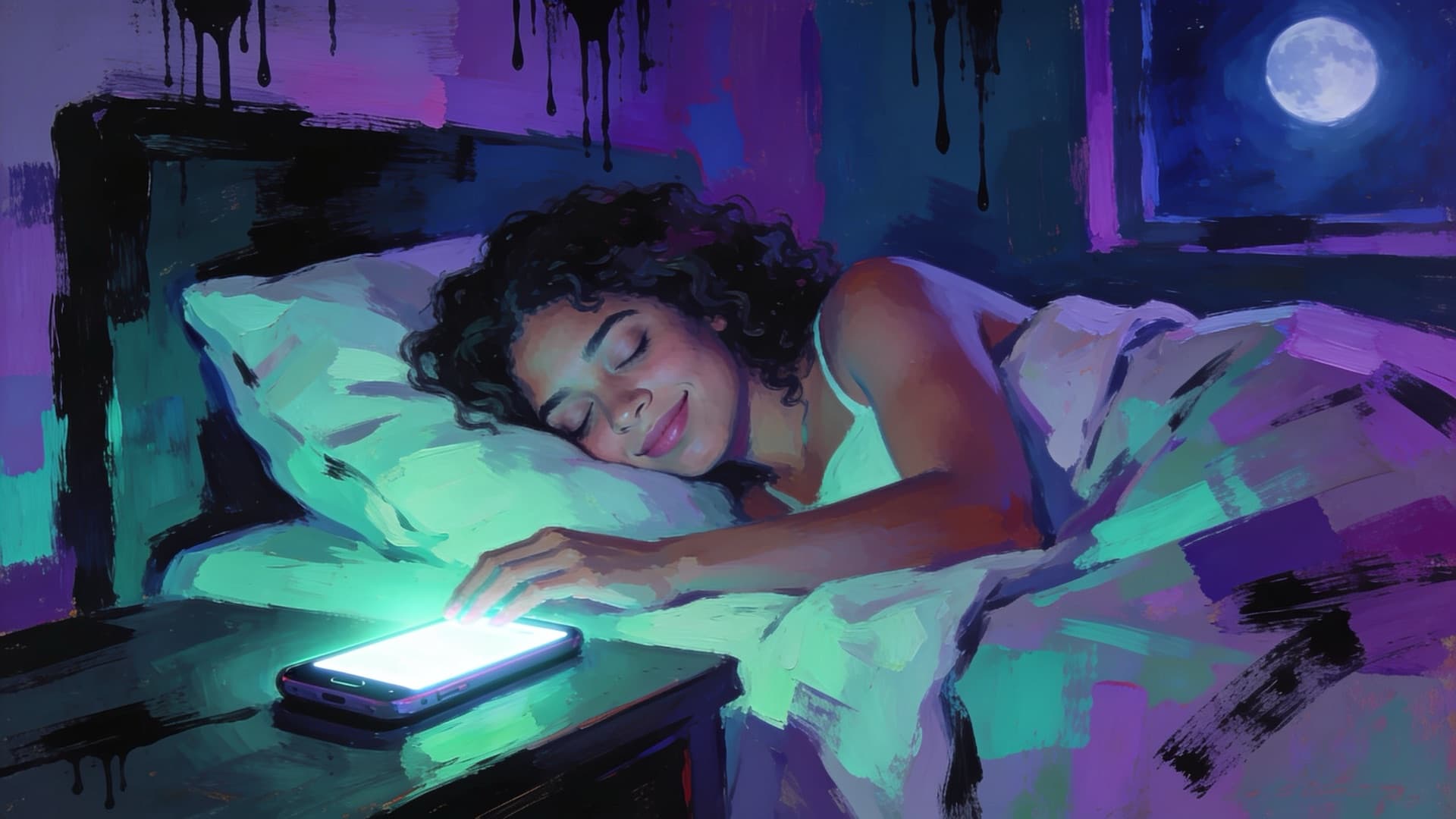 Painting of a woman asleep while her phone lights up on the nightstand