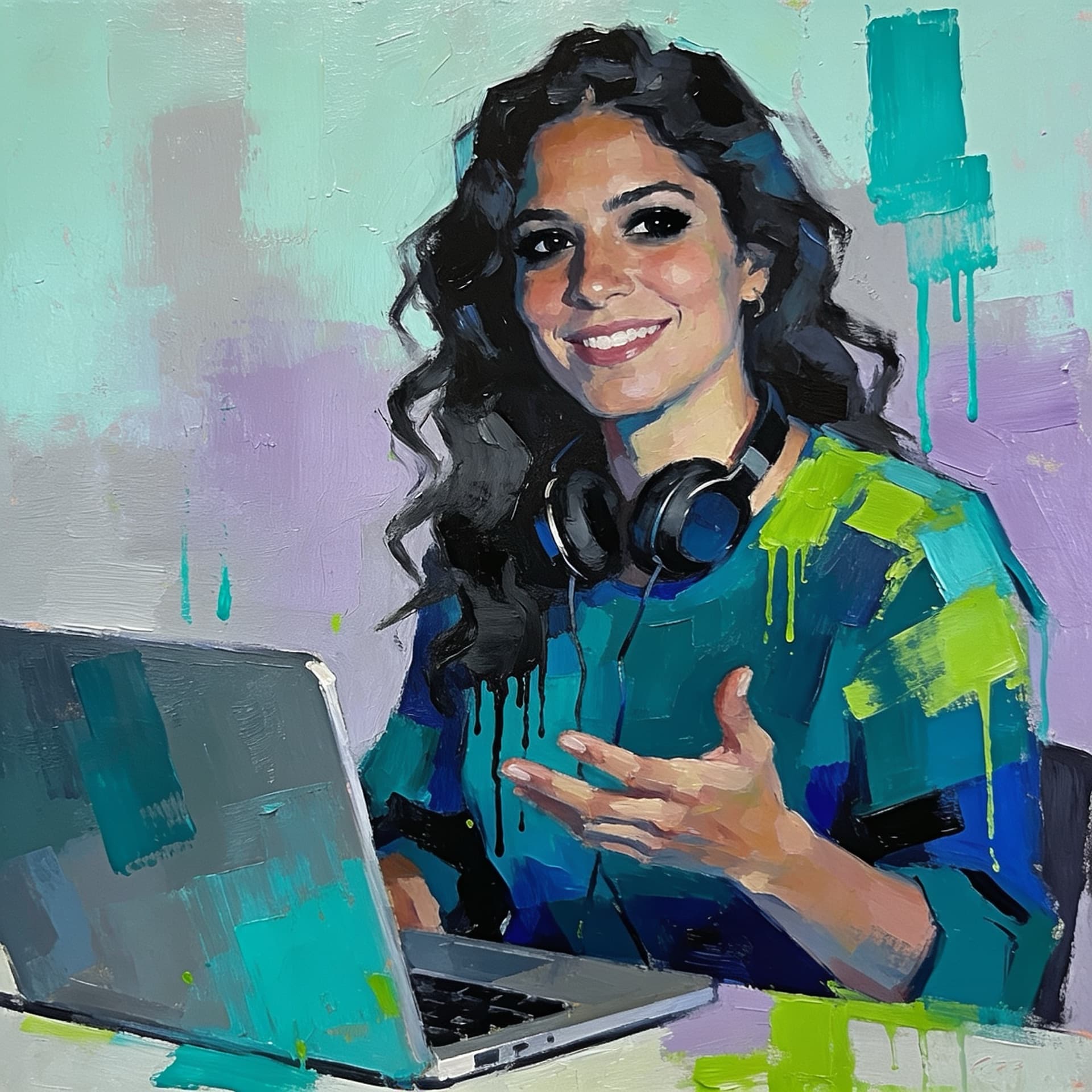 Painting of a software engineer explaining something at her laptop