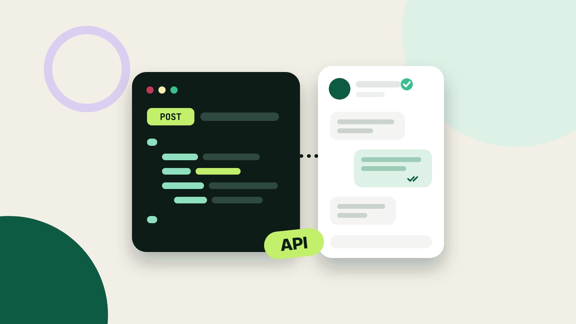 Illustration of a code panel with a POST call connected to a WhatsApp chat with a verified account badge and an API label
