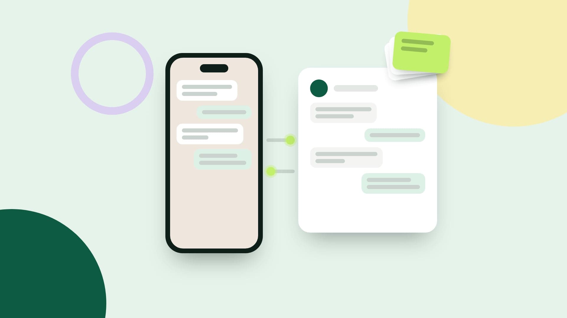 Illustration of a phone and an inbox showing the same conversation, linked by a two-way sync