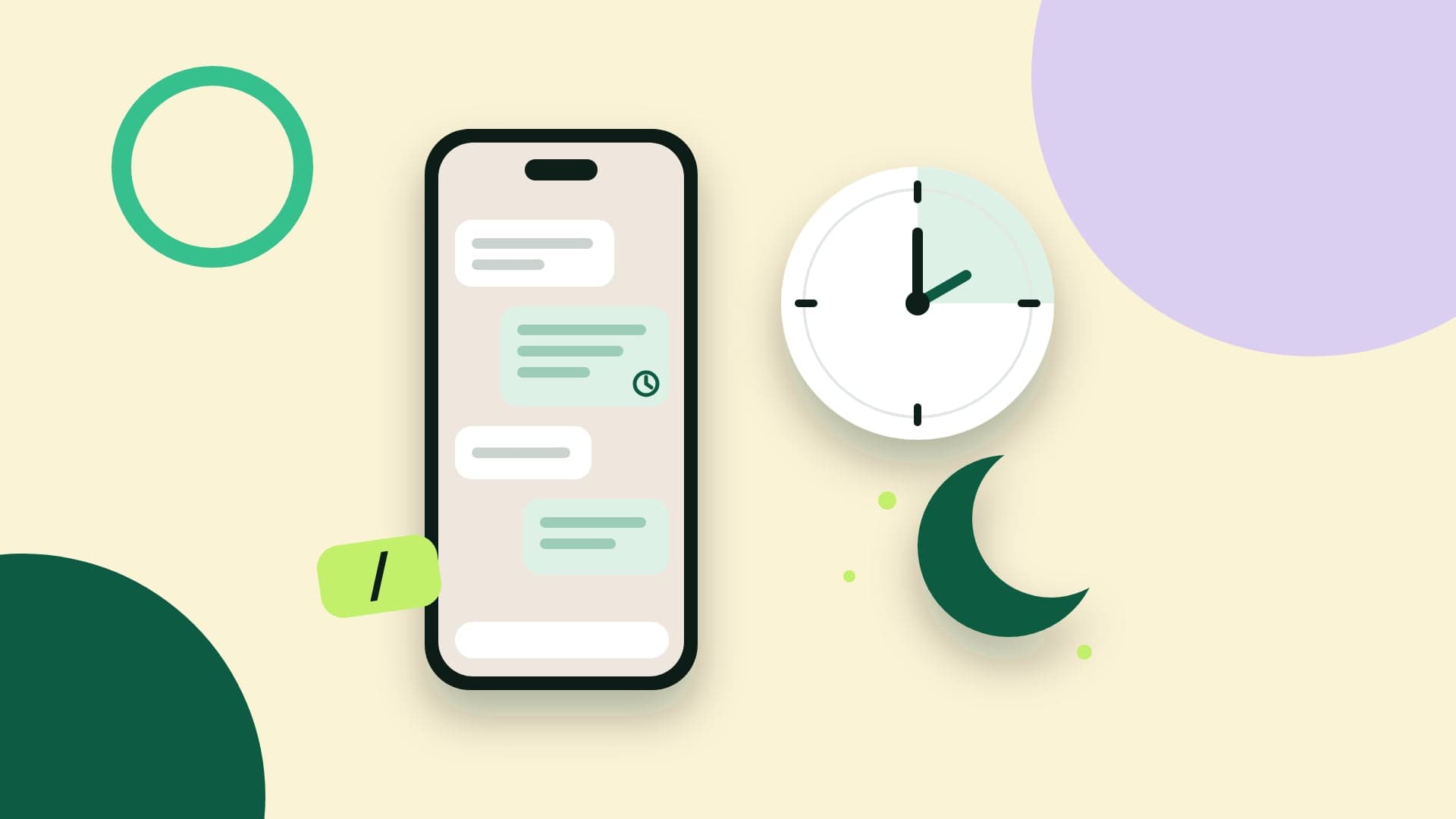 Illustration of a phone with an automatic reply marked by a clock, a business-hours clock, a moon and the quick replies slash