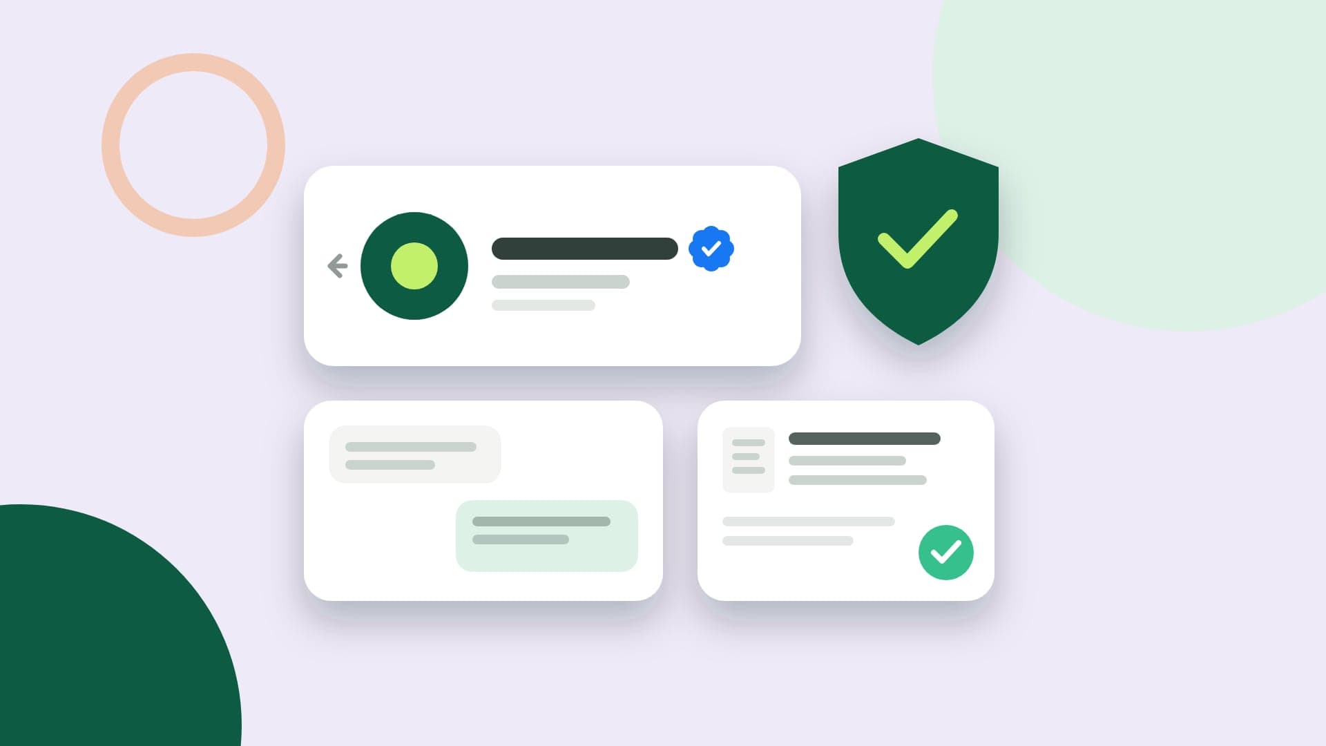 Illustration of a chat header with the business name and the blue verified badge, a shield with a check mark and an approved document card