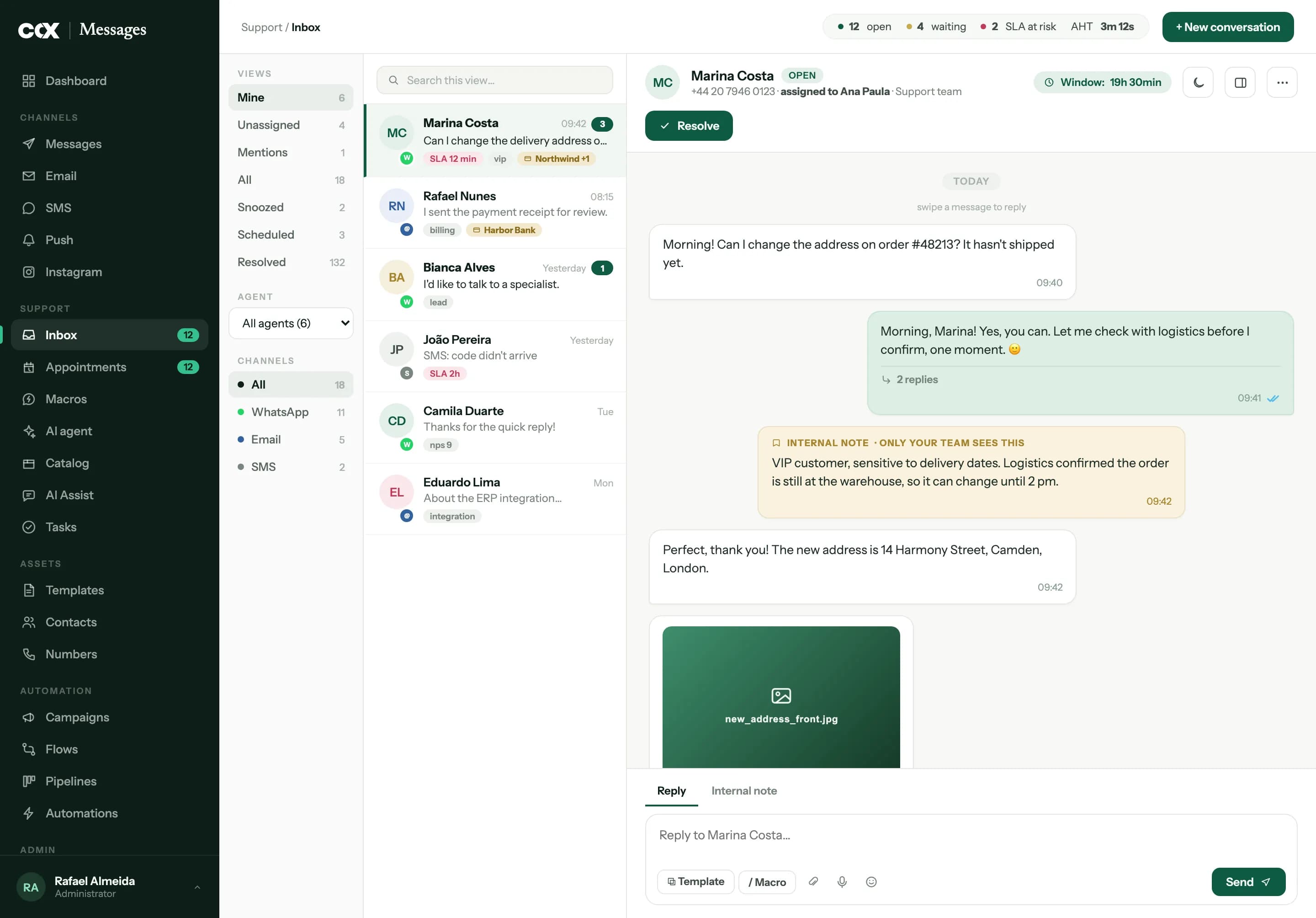 The CCX Messages inbox: the list of open conversations, a WhatsApp conversation and the customer's record alongside.