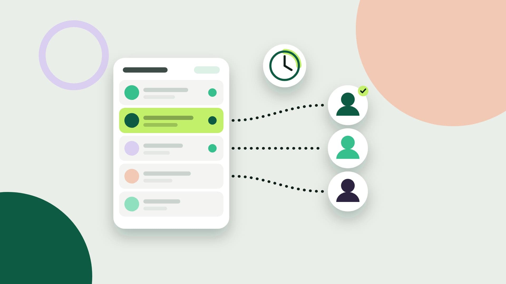 Illustration of a queue of WhatsApp conversations routed to three agents, with a clock tracking the first response time