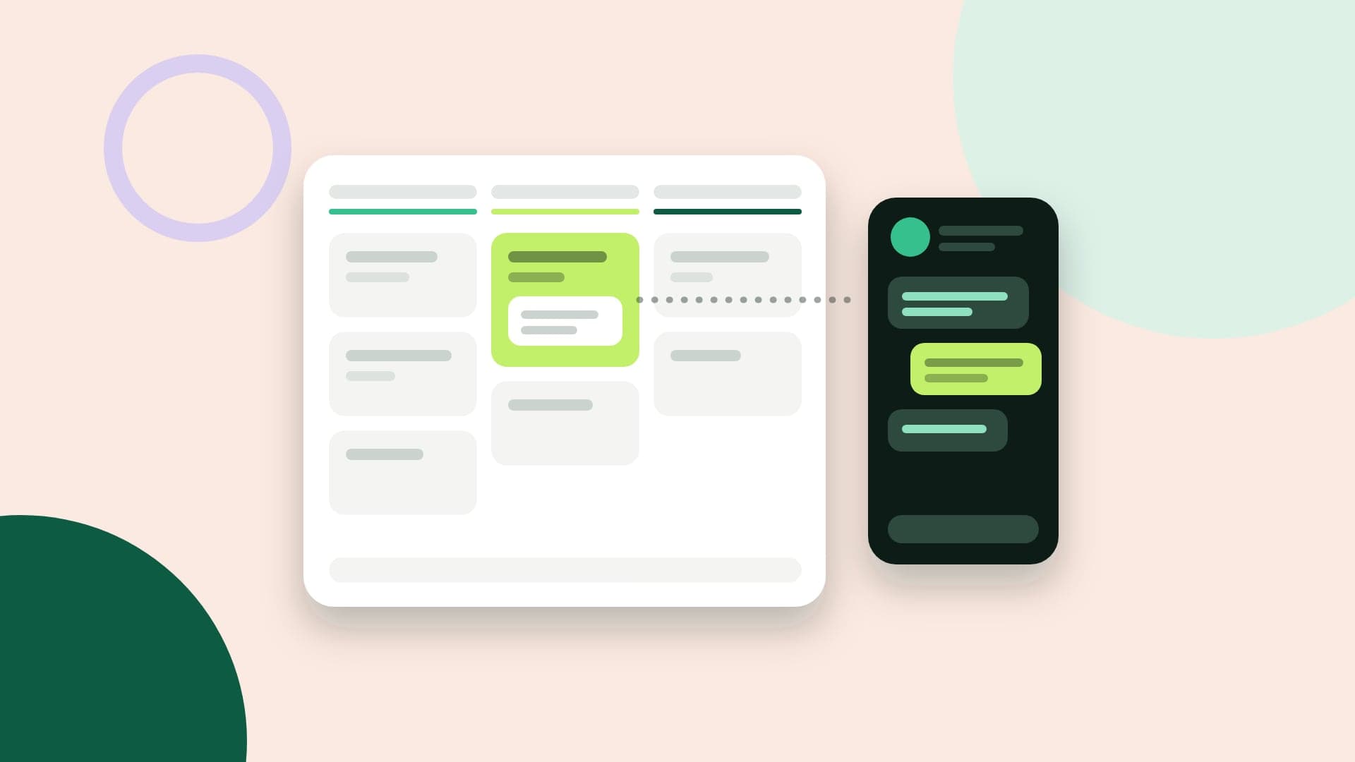 Illustration of a three-column sales pipeline, with one highlighted deal linked to the customer chat on WhatsApp