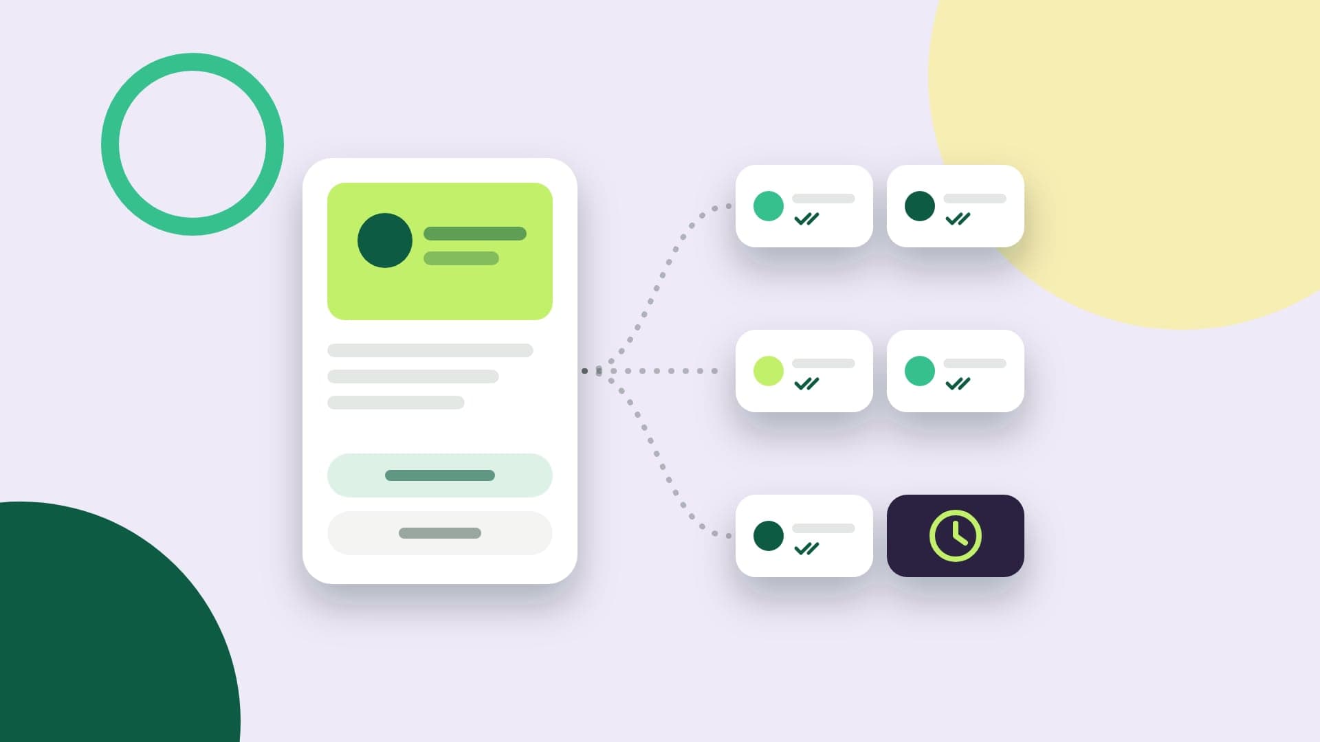 Illustration of a WhatsApp template with an image and buttons going out to six chats, five delivered and one held by a clock