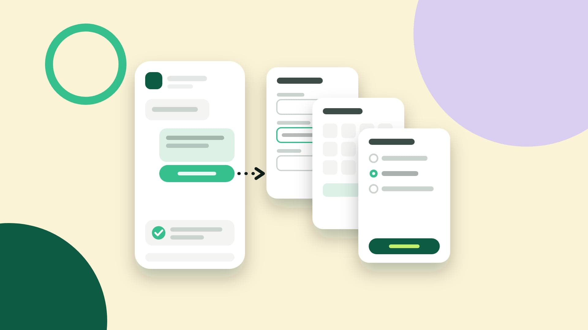 Illustration of a phone with a WhatsApp chat that opens a three-screen form: input fields, a date picker and a list with a finish button